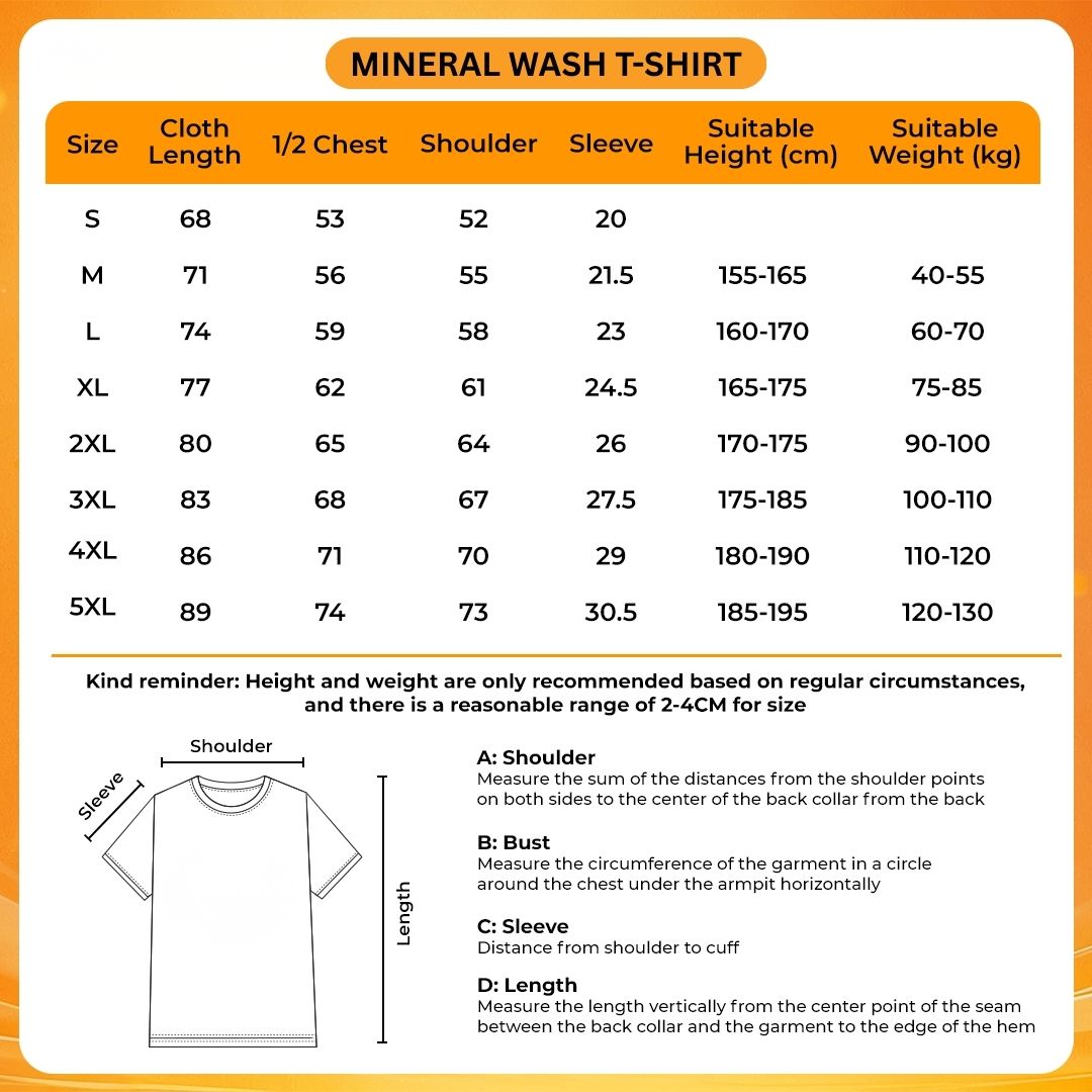 Mineral Wash T Shirt Size Chart - BigBang Shop UK